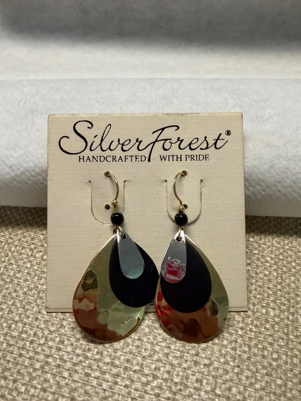 Silver Forest Gold and Black Layered Teardrop Dangle Earrings
